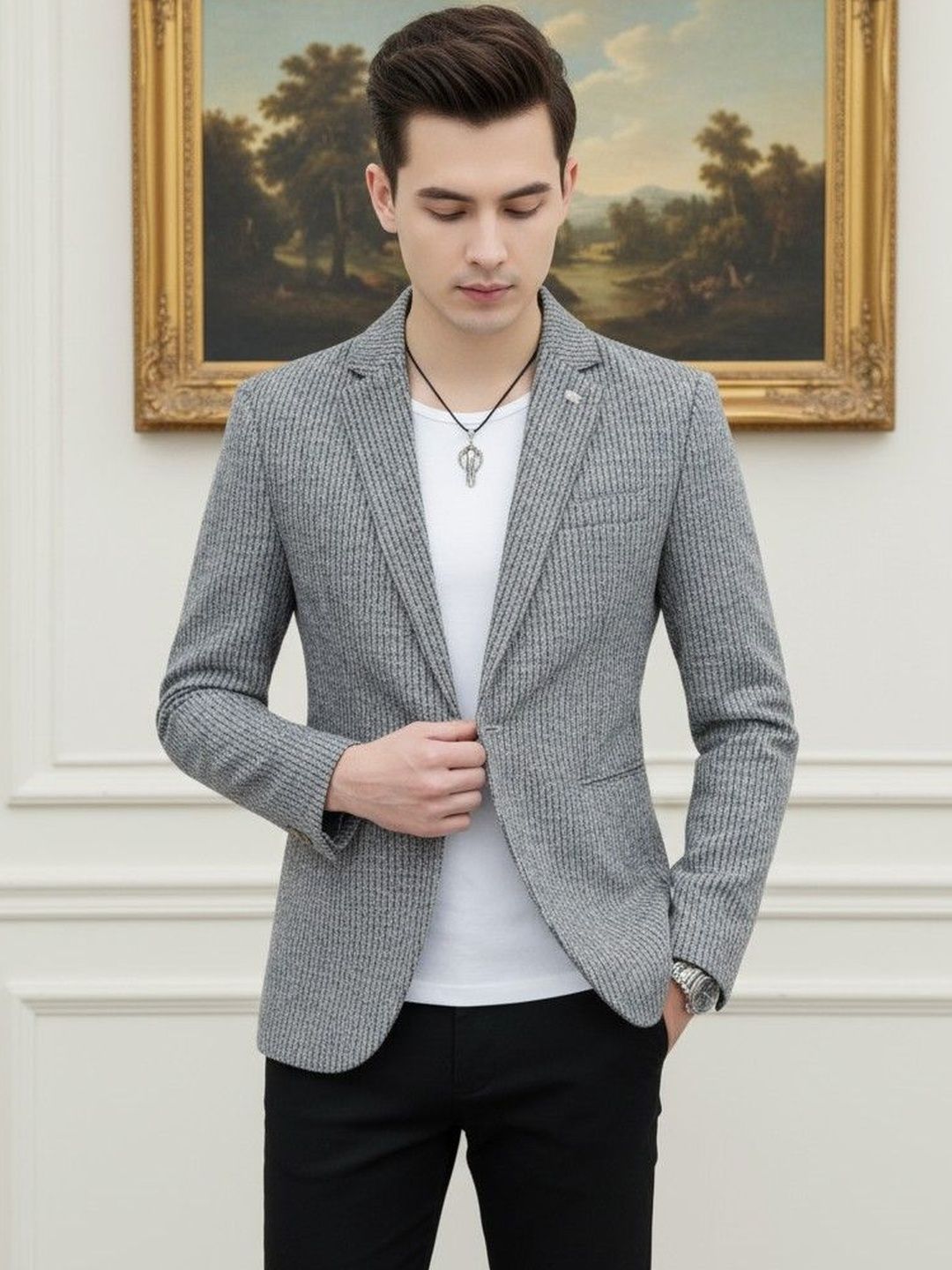 INVICTUS Striped Notched Lapel Long Sleeves Single Breasted Blazer-picture-30