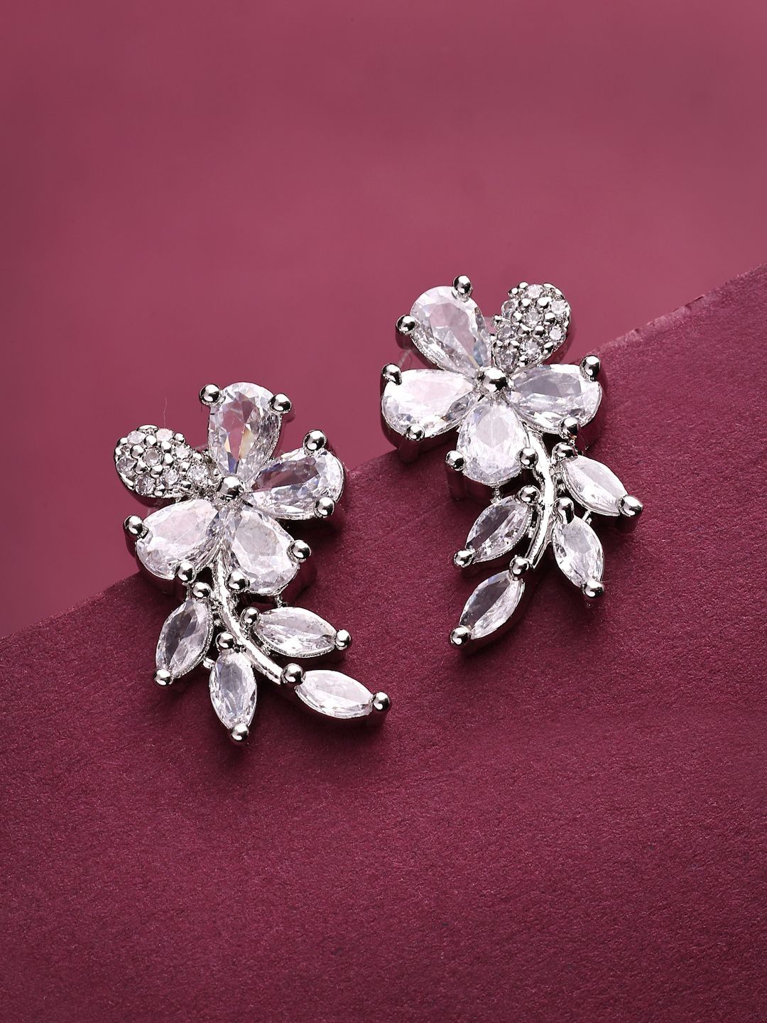 ZENEME Rhodium Plated American Diamond Studded Floral Shaped Studs-picture-32