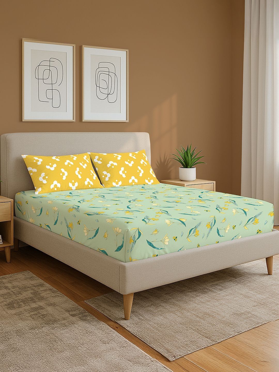 URBAN SPACE Green & Yellow Floral 144 TC Queen Bedsheet with 2 Pillow Covers-picture-52