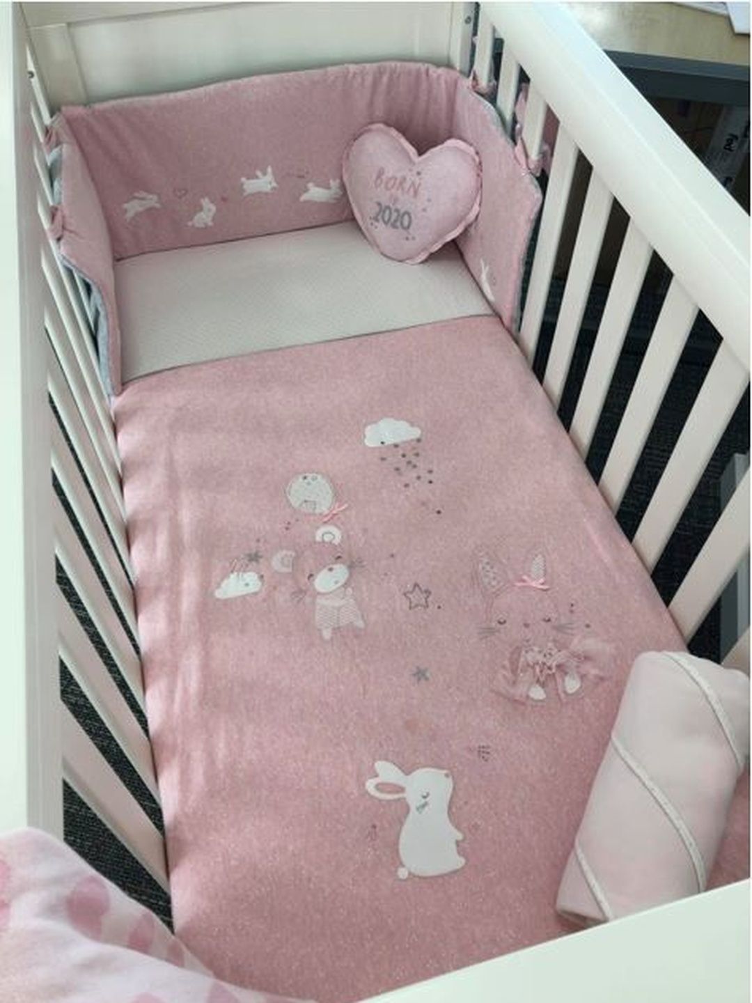 mothercare Girls Pink & White Cartoon Characters Cotton 4 Piece Crib Regular Bedding Set-image-40