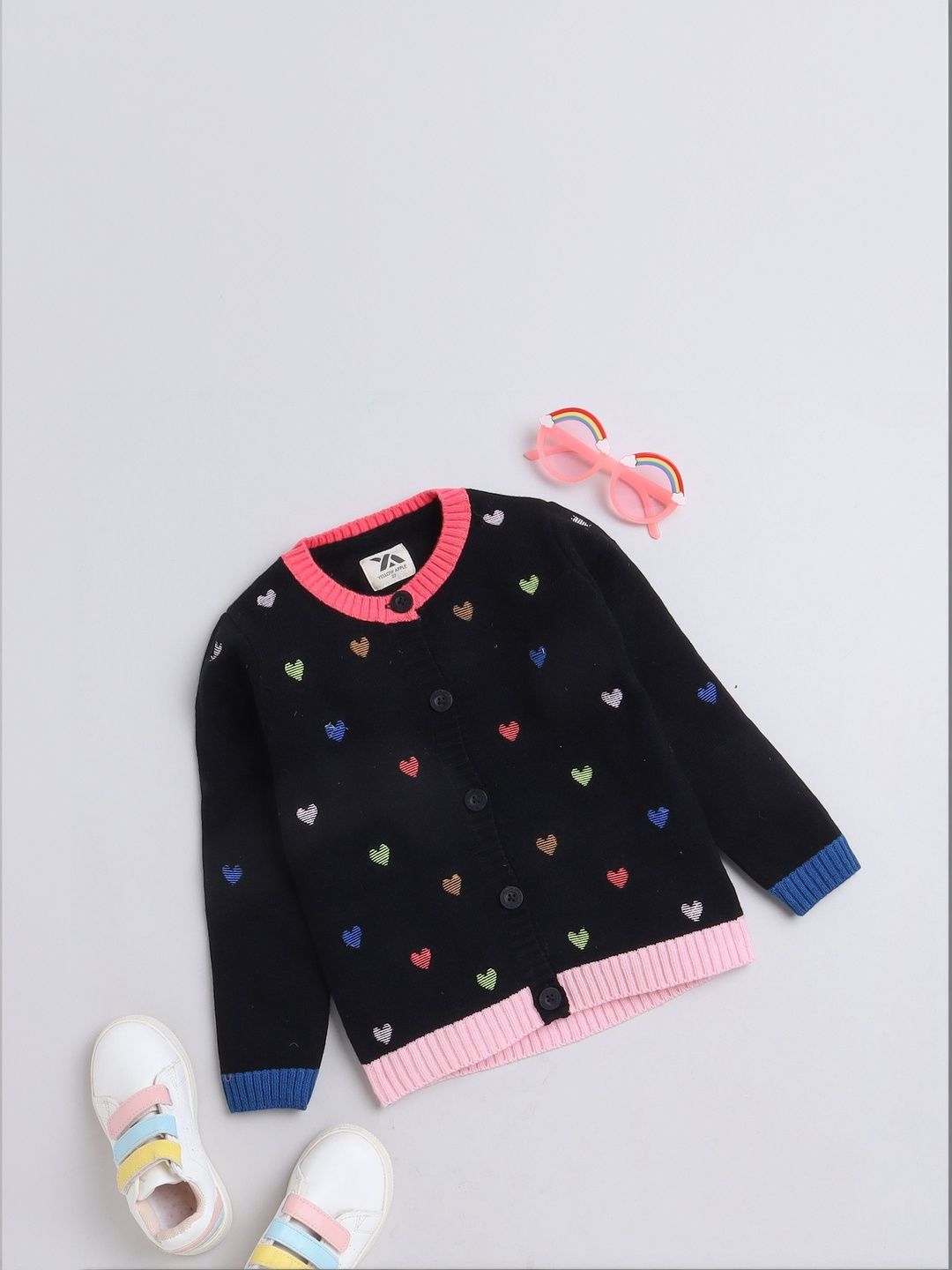 Yellow Apple Girls Printed Cardigan with Embroidered Detail-picture-32