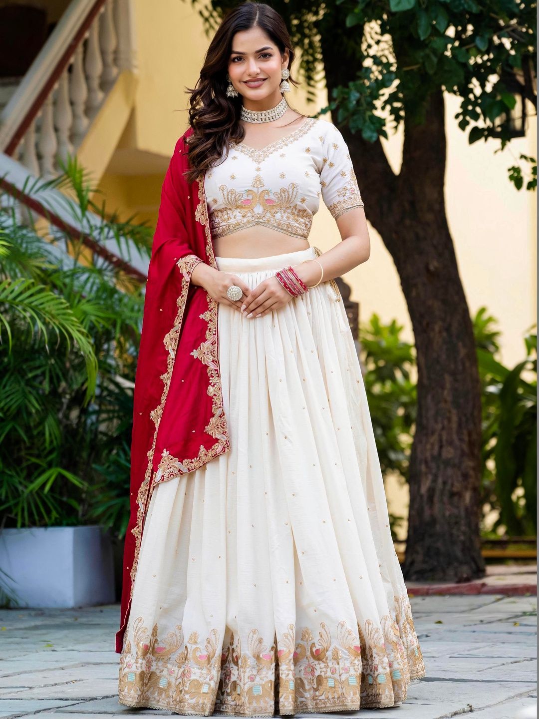 JIHU CULTURE Embroidered Thread Work Semi-Stitched Lehenga & Blouse With Dupatta