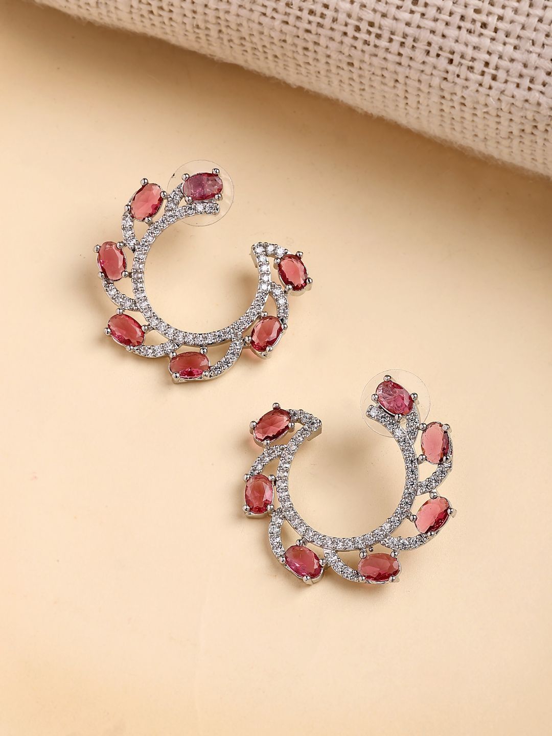 ZENEME Rhodium Plated American Diamond Studded Contemporary Half Hoop Earrings-picture-26