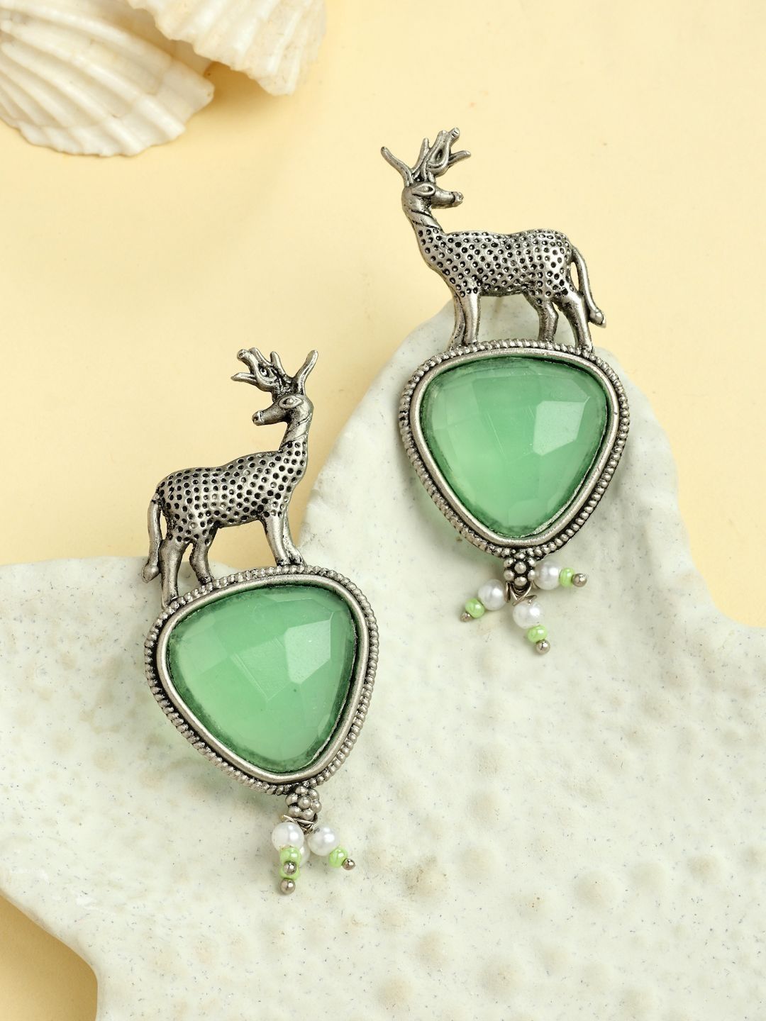 ZENEME Silver Toned Deer Shaped CZ Studded Oxidised Earrings-picture-13