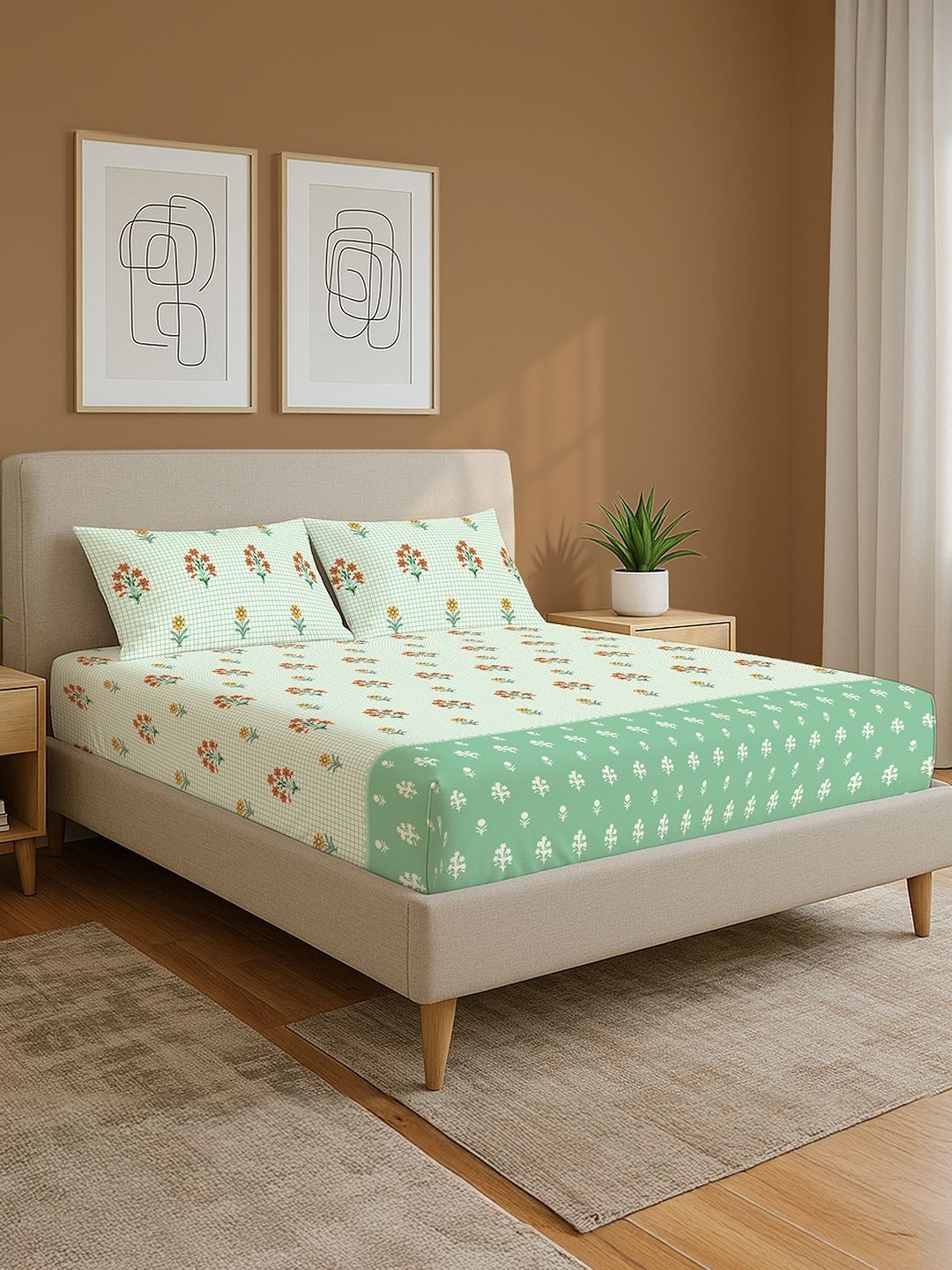 URBAN SPACE Green & Red Floral 144 TC Queen Bedsheet with 2 Pillow Covers-picture-15