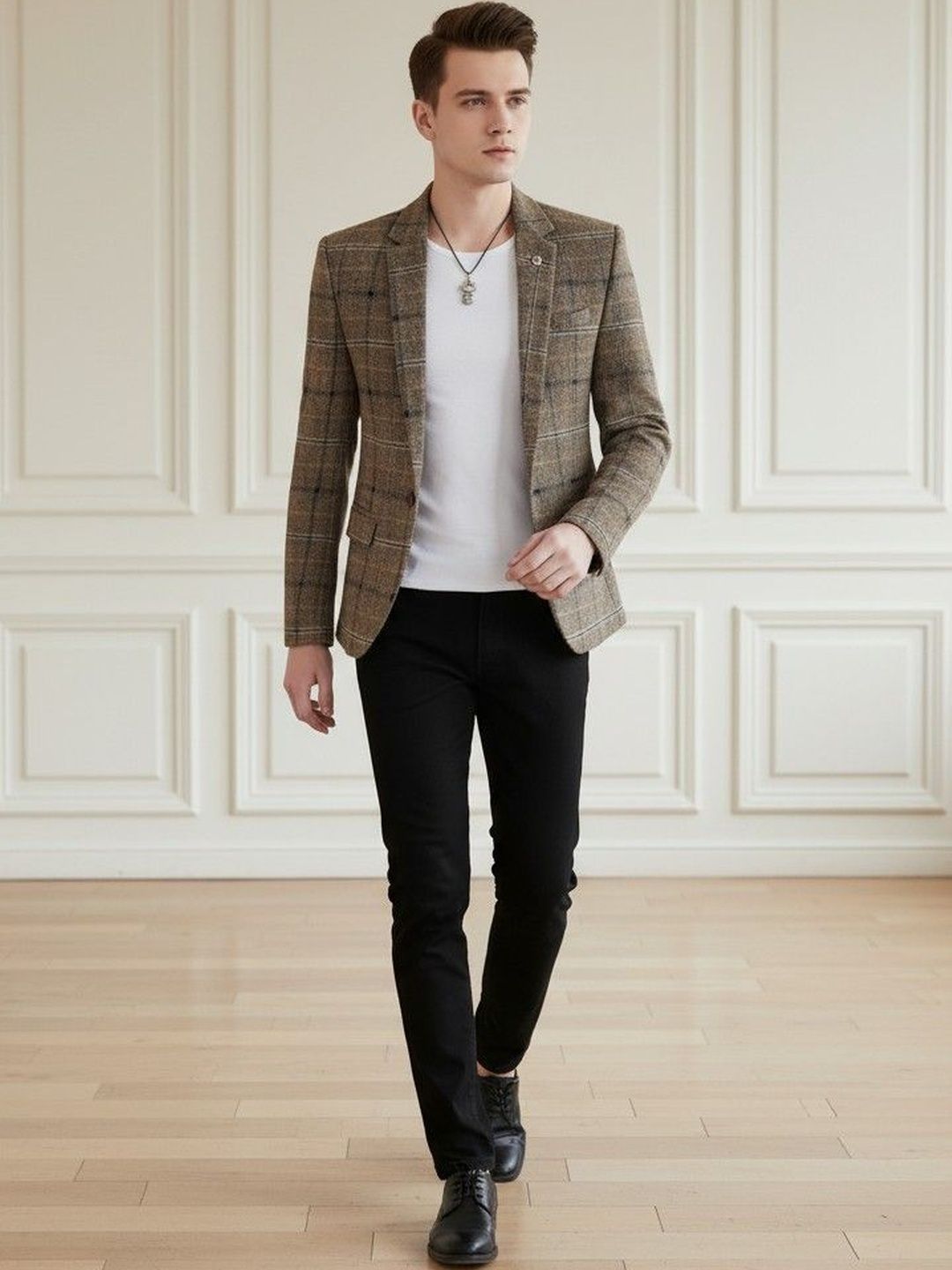 INVICTUS Checked Notched Lapel Long Sleeves Single Breasted Blazer-picture-13