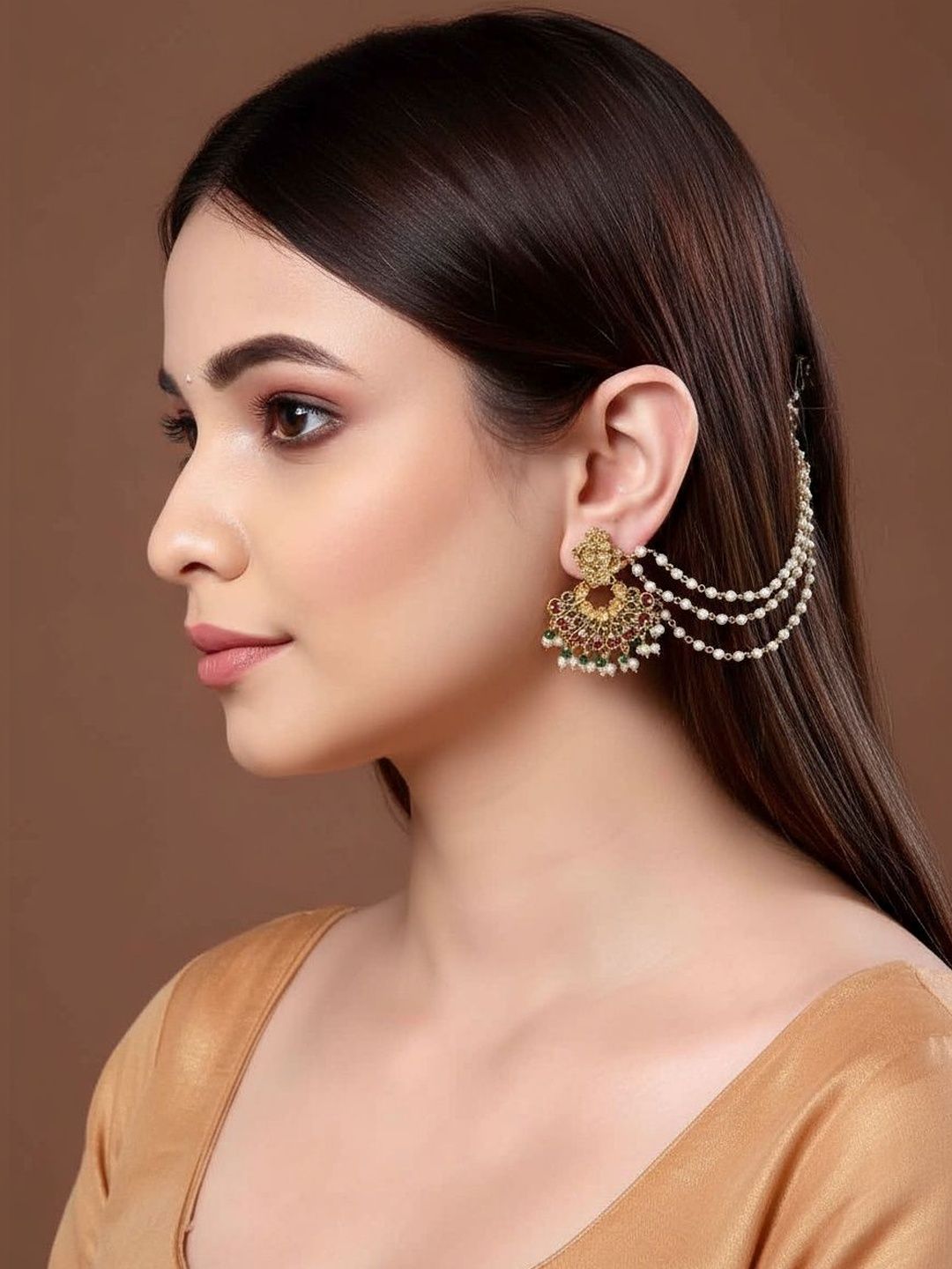NVR Pearl Studded Classic Gold-Plated 3 Line Ear Chain Ear Cuff-image-49