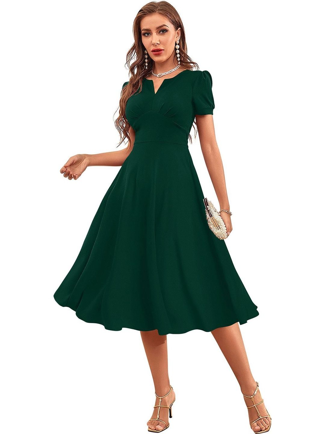 TESSAVEGAS Puff Sleeve Fit & Flare Midi Dress-picture-26