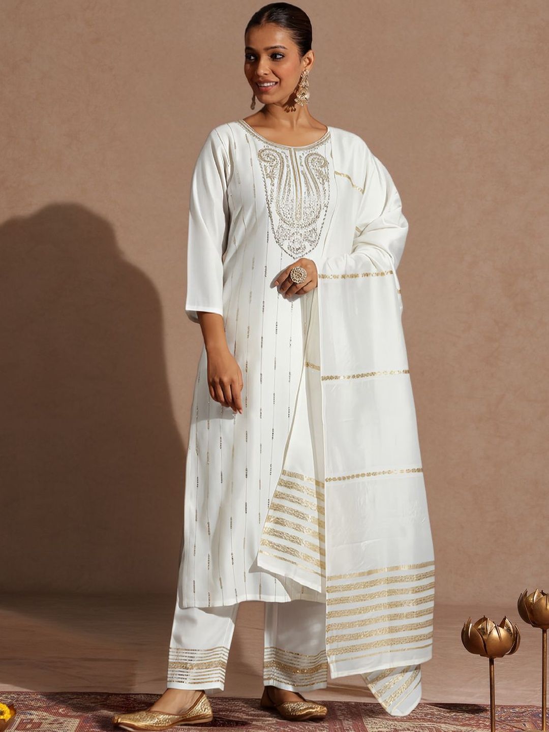 Janasya Women Embroidered Regular Sequinned Kurta with Trousers & With Dupatta-image-25