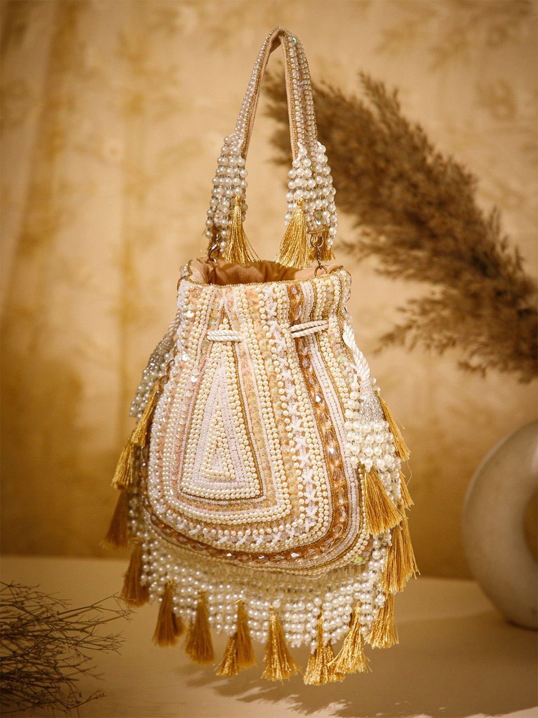 Anekaant Dewdrop Fringe Women Solid Embellished Velvet Potli-picture-12