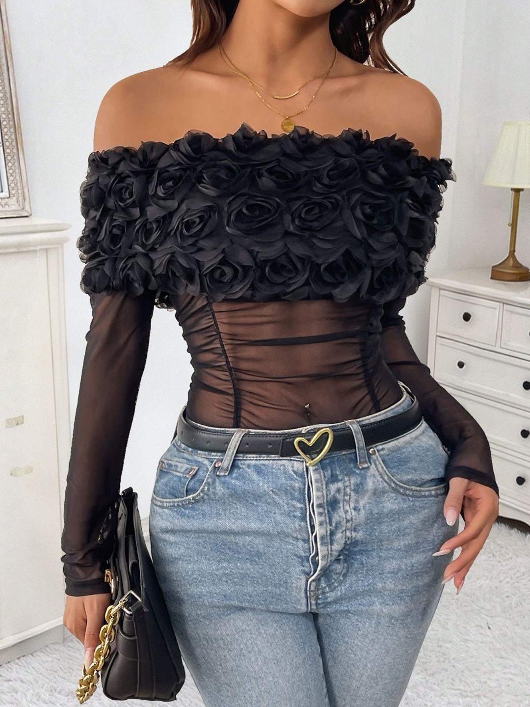 KPOP Women Black Off-Shoulder Long Sleeves Embellished Party Bodysuit-picture-17