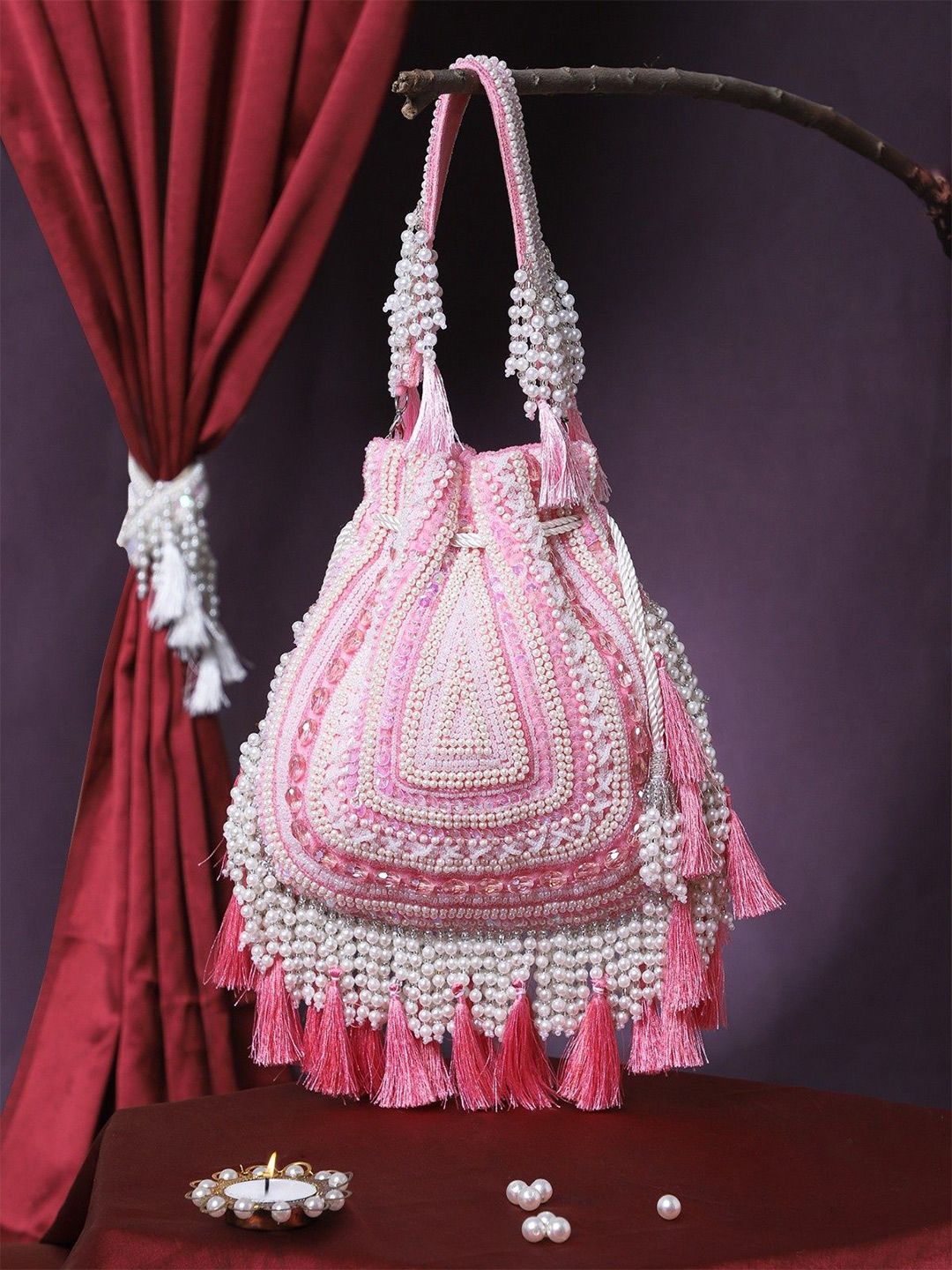 Anekaant Dewdrop Fringe Women Solid Embellished Velvet Potli-picture-37