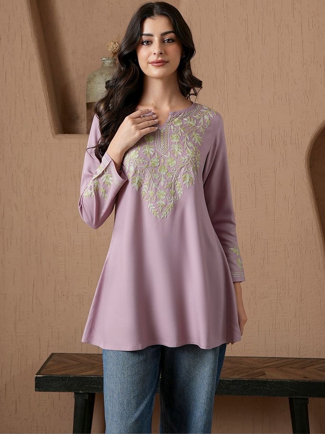 QAZMI Ethnic Motifs Embroidered Round Neck A-Line Kurti-picture-33