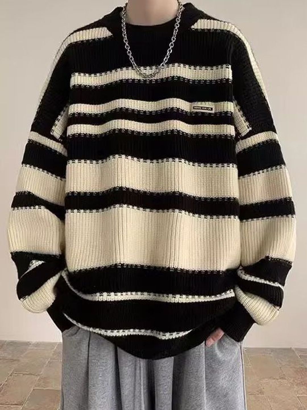 StyleCast x Revolte Men Cable Knit Striped Longline Pullover-picture-36