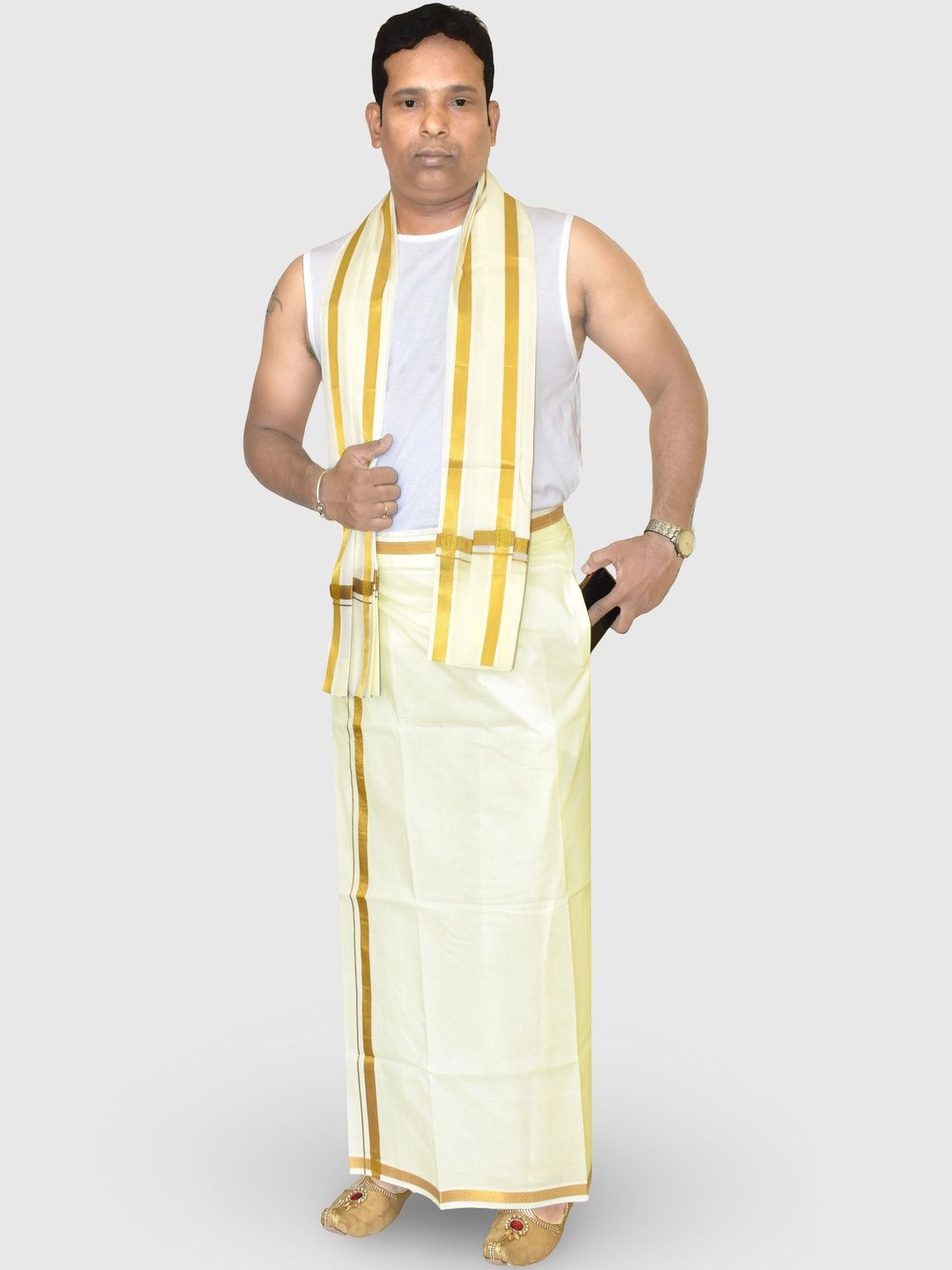 TUNI MANI Men Cotton Welcro Pocket Dhoti With Towel-image-30