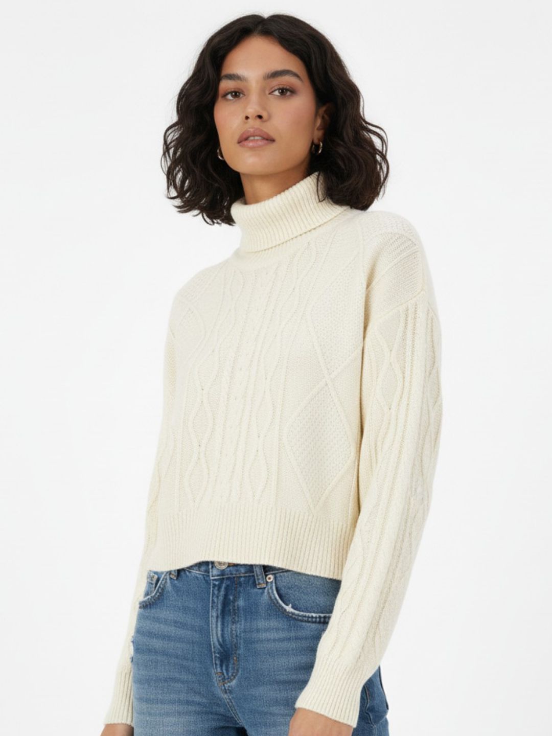 glitchez Turtle Neck Cable Knit Self Design Oversized Pullover-picture-50