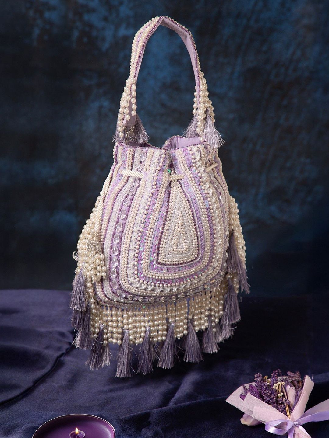 Anekaant Dewdrop Fringe Light Lavender & Ivory Embellished Velvet Potli-picture-55