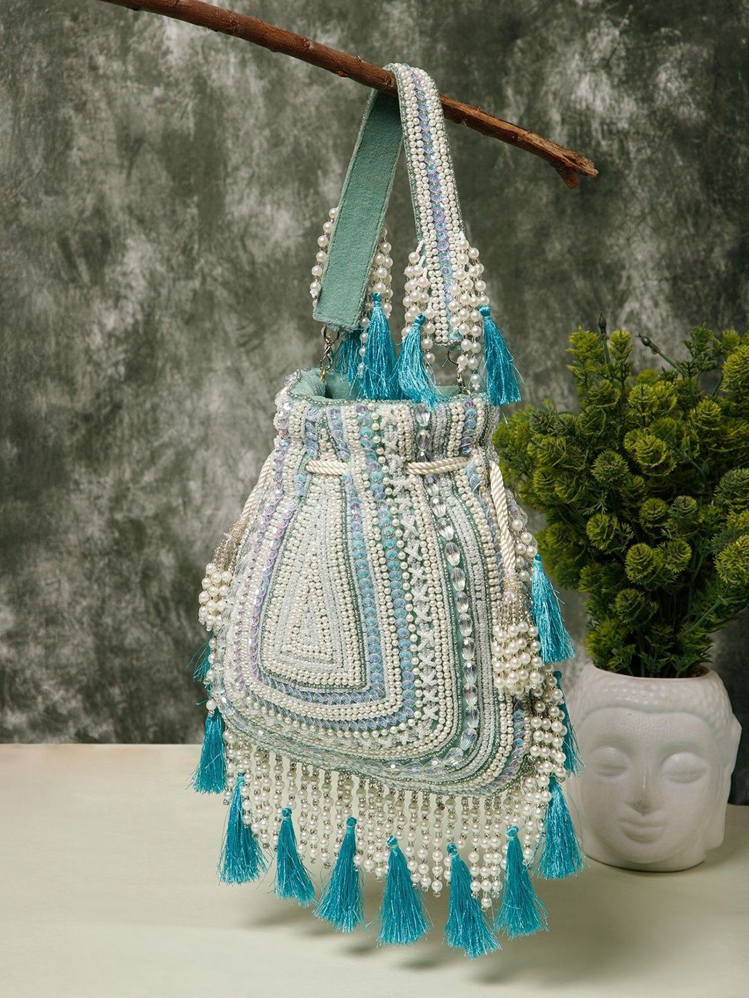Anekaant Dewdrop Fringe Embellished Tasselled Velvet Potli Clutch-picture-30