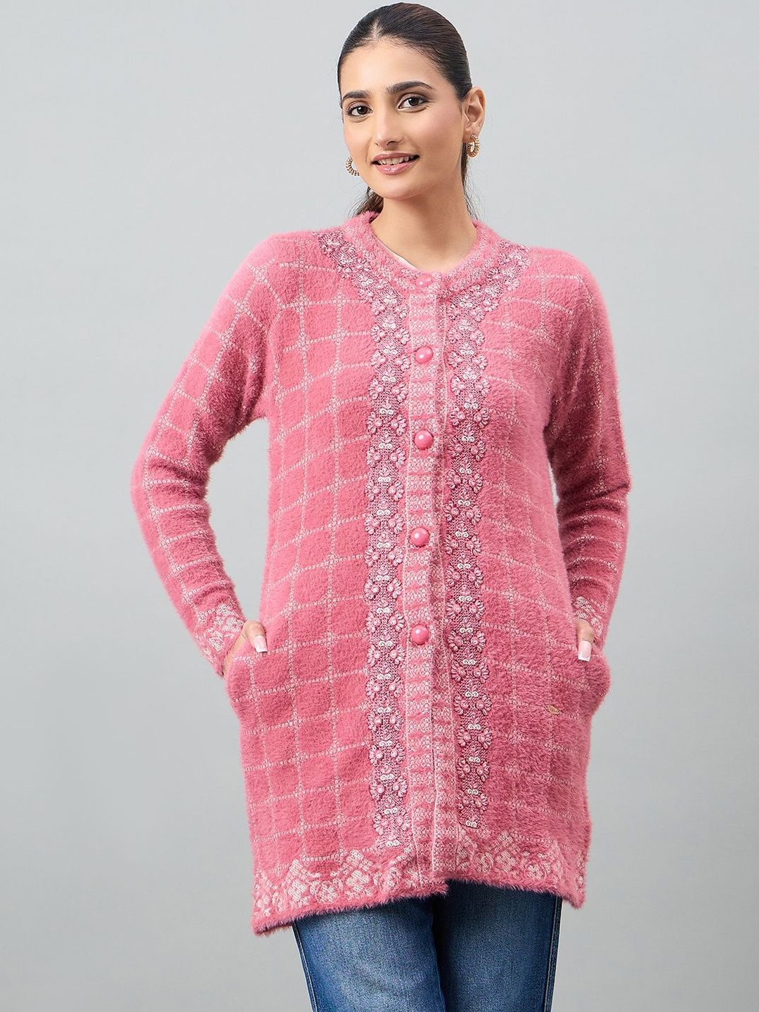 Duke Women Checked Cardigan with Embroidered Detail-picture-10