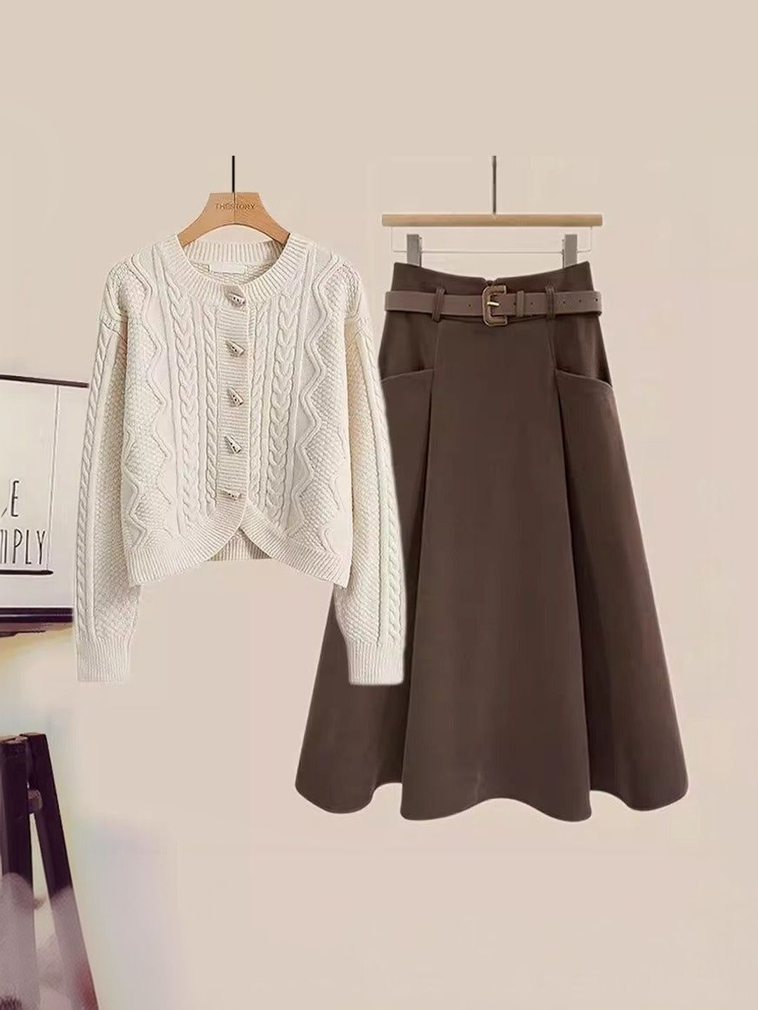 Miss Mosa By Akanksha Leto Set of Sweater & Skirt With Belt In Cream-picture-12