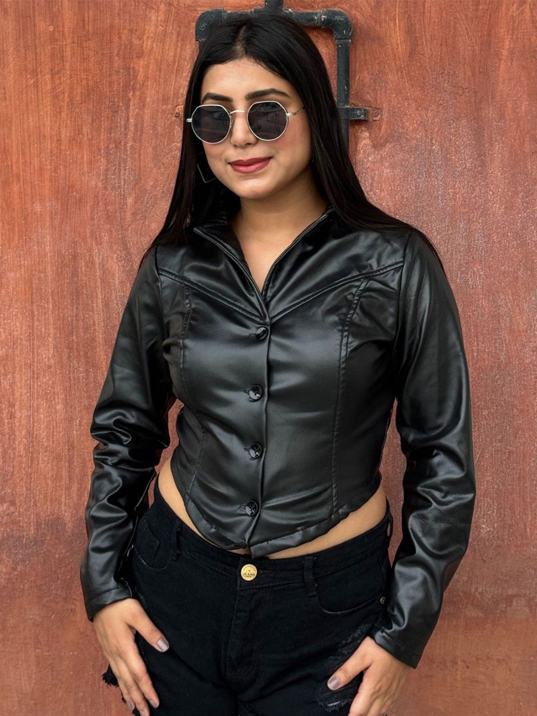 TANDUL Women Leather Lightweight Crop Biker Jacket-image-30