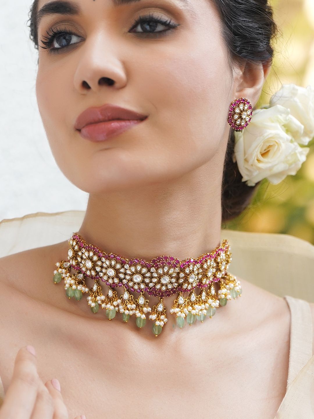 Rubans 22K Gold-Plated Brass Ruby Pink & Pastel Green Beaded Kundan Choker Necklace Set
