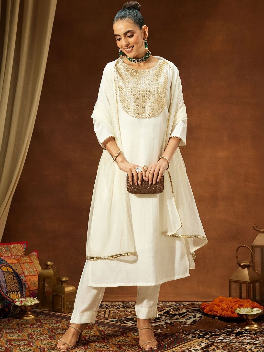 Janasya Women Floral Embroidered Regular Sequinned Kurta with Trousers & With Dupatta-picture-11
