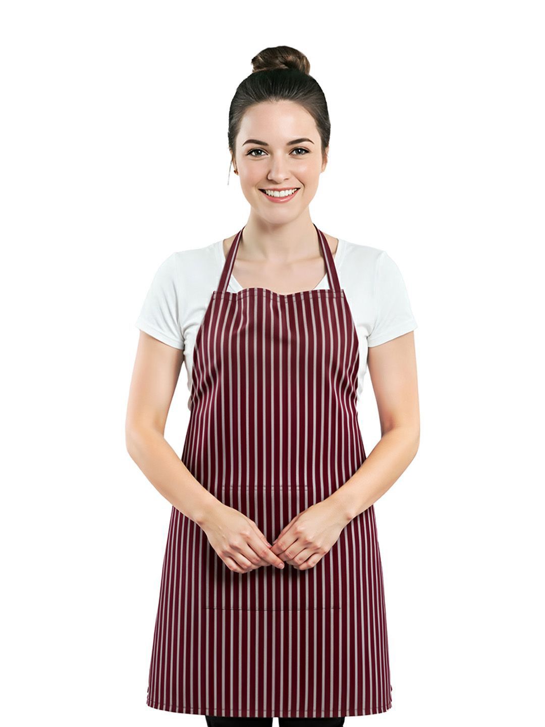 Kuber Industries Maroon & White Striped Cotton Apron with Front Pocket-image-16