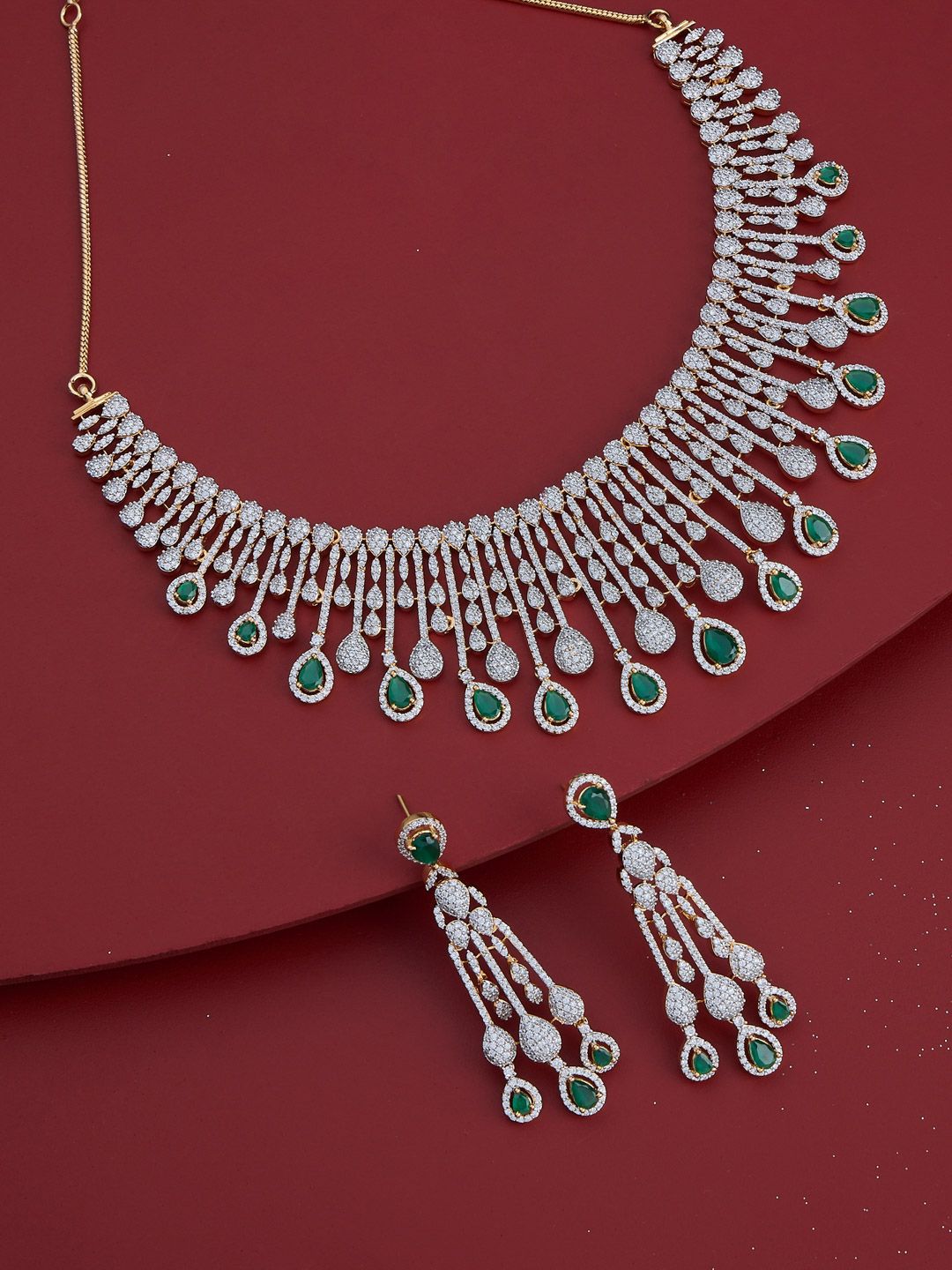 Kushal's Fashion Jewellery Green Gold-Plated Party Zircon Jewellery Set