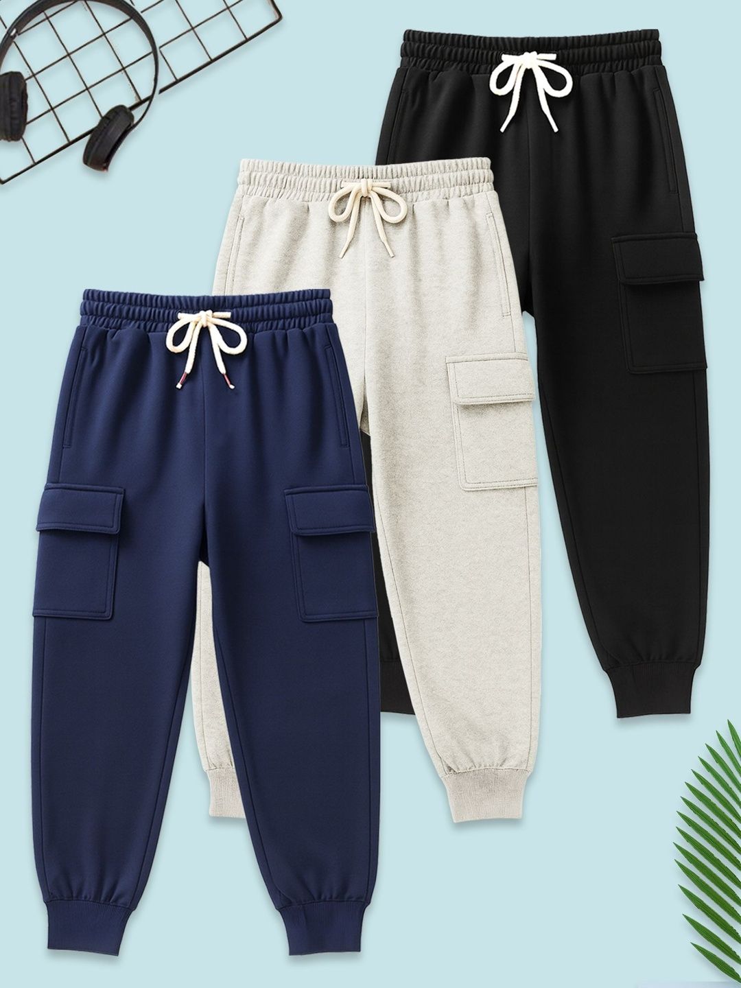YK Boys Pack Of 3 Pure Cotton Mid Rise Cargo Joggers-picture-31
