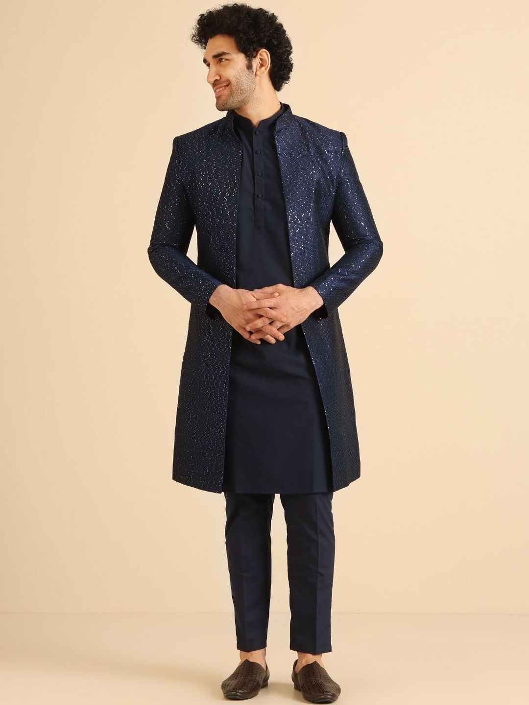 KISAH Men Navy Blue Embellished Indowestern Sherwani Trouser Set Ethnic Wear