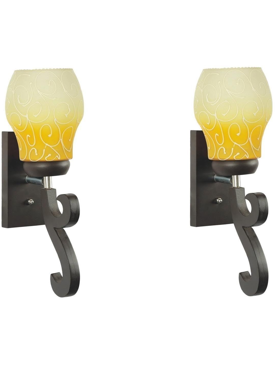 1ST TIME Yellow & Yellow Printed Wood Traditional Frustum Shaped Wall Lamp-image-24