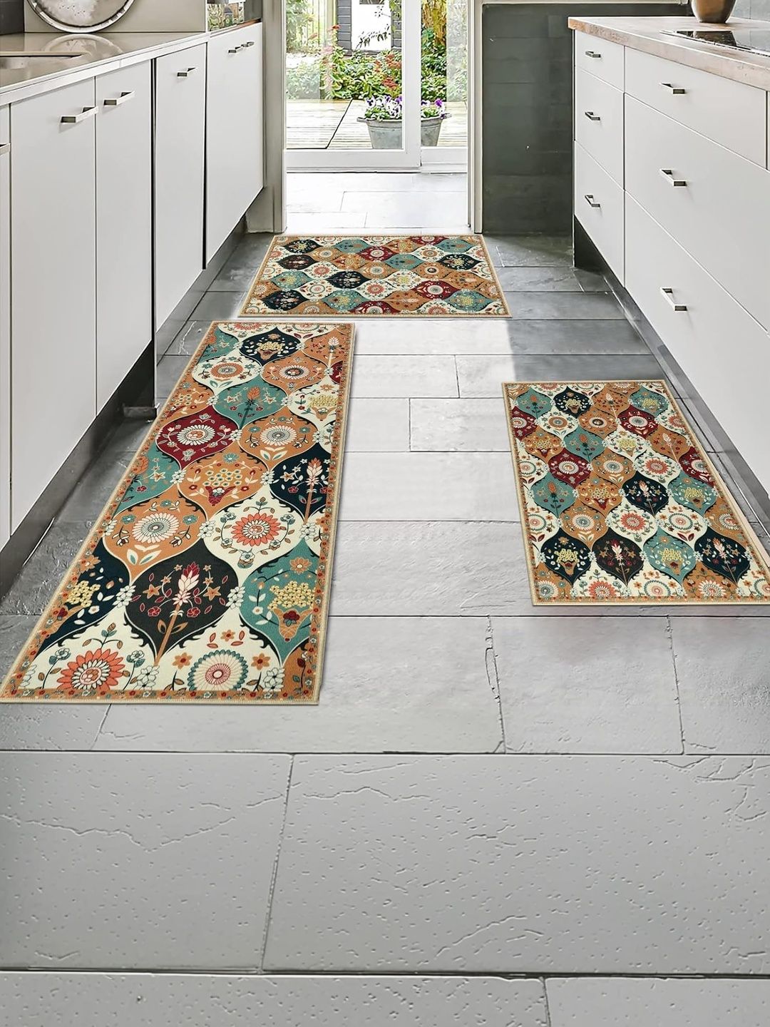 Deoxys 3-Pcs Beige & Blue Printed Anti-Skid Floor Mats & Dhurries-image-6
