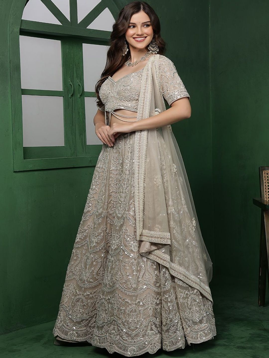 MILU MADAN Women Embroidered Sequinned Semi-Stitched Net Lehenga & Blouse with Dupatta-image-45