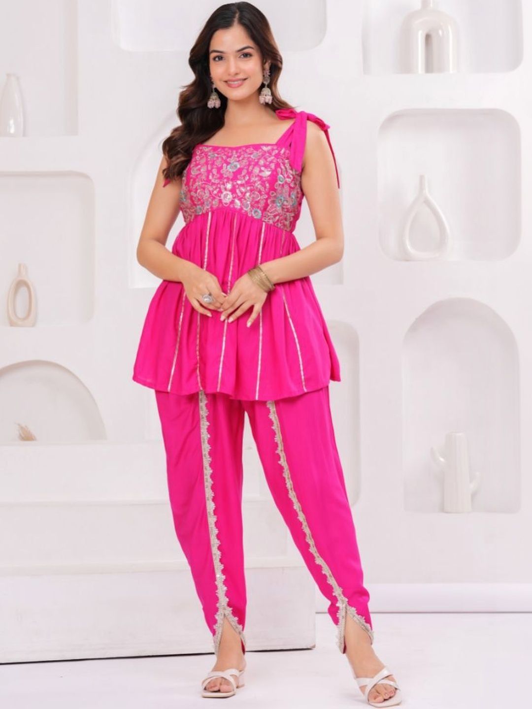 TFP Women Floral Embroidered Tiered Thread Work Kurti with Dhoti Pants-image-44