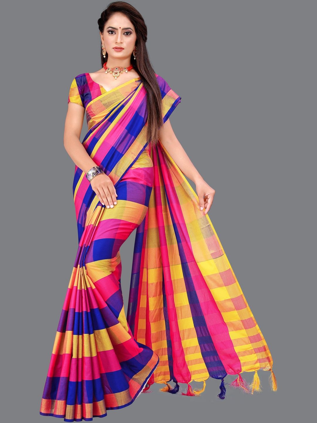 SHAIBO SAREE Checked Silk Cotton Handloom Uppada Saree-picture-29