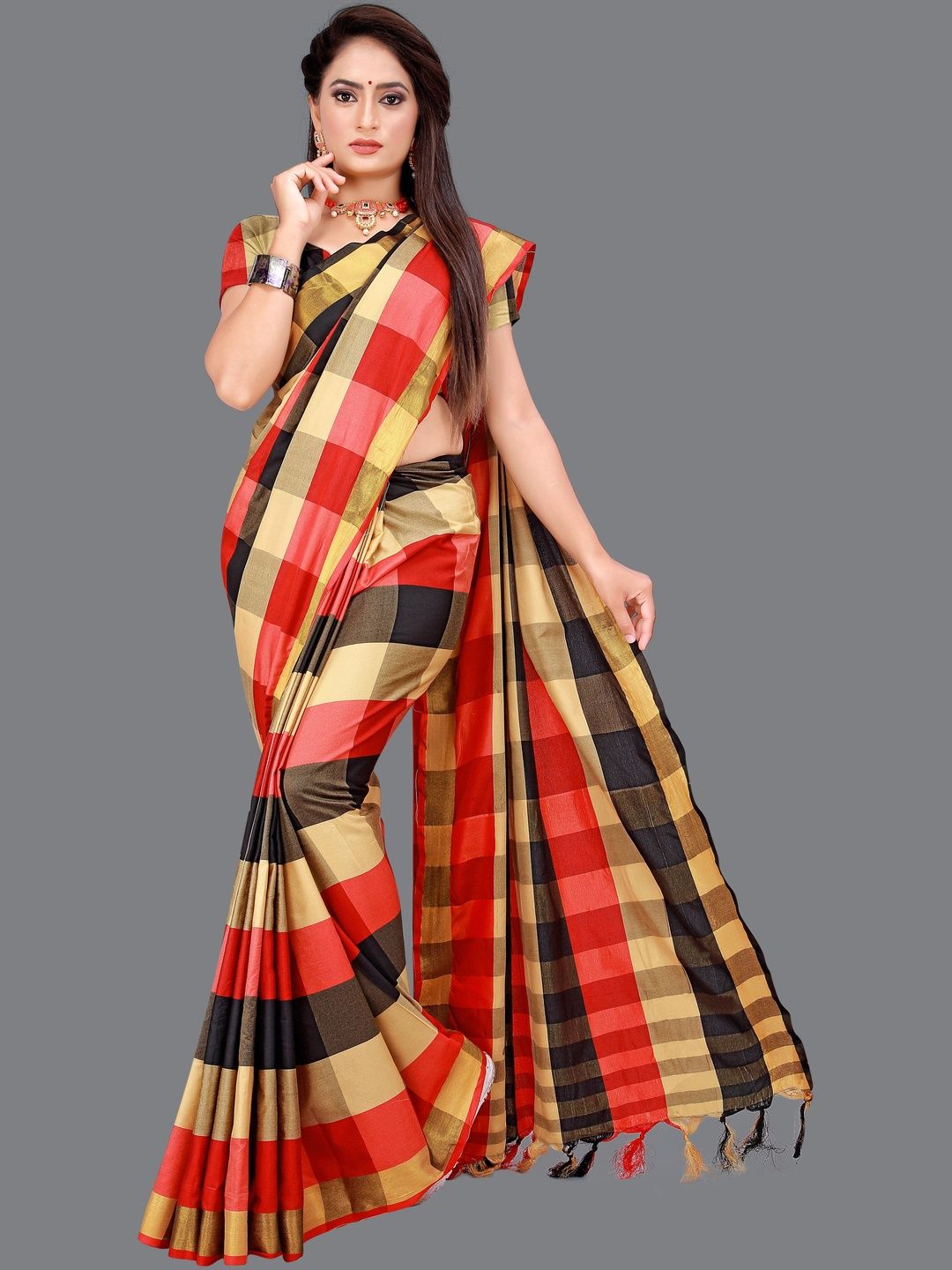 SHAIBO SAREE Checked Silk Cotton Uppada Saree-picture-10