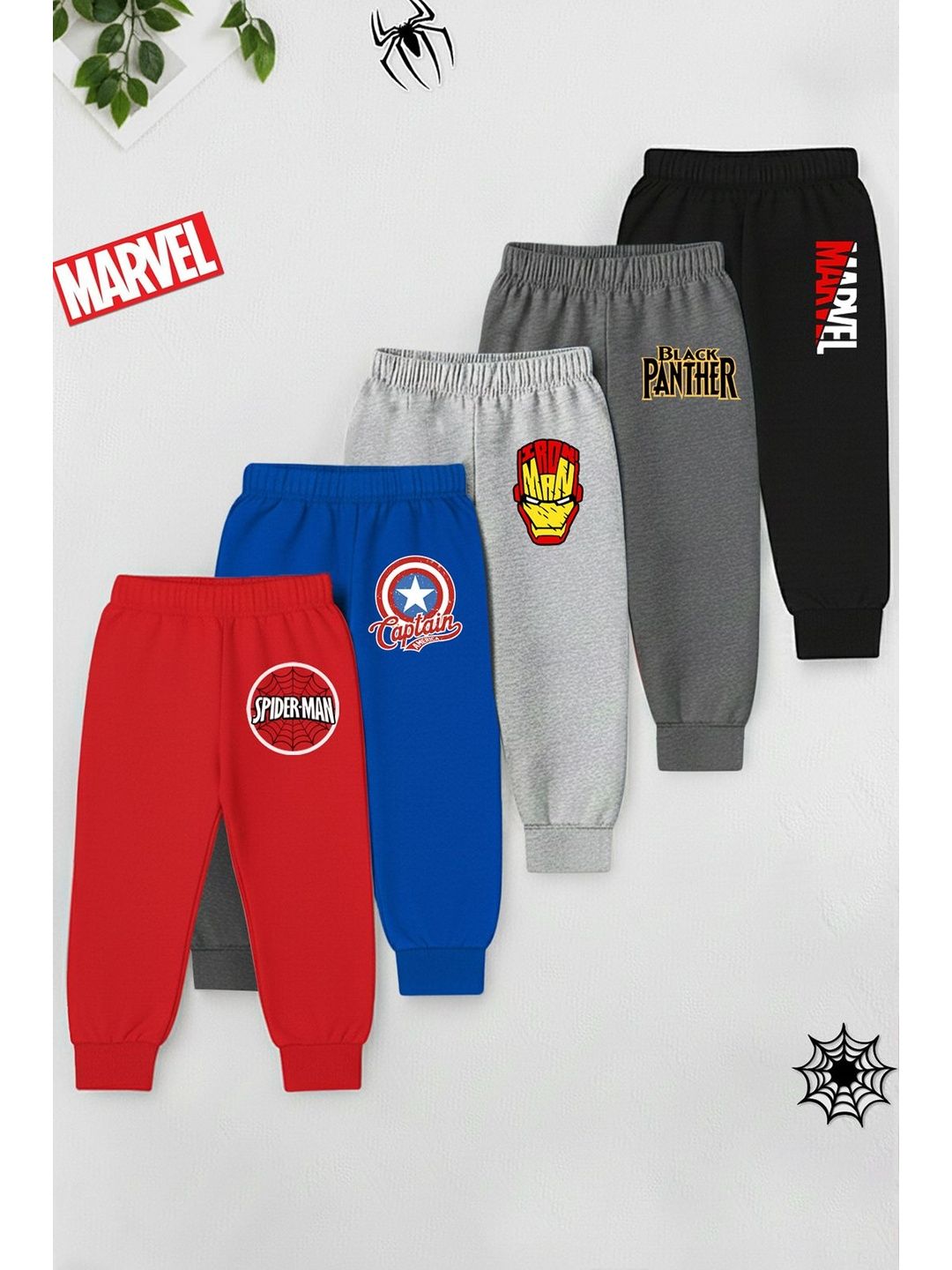 Marvel by Miss and Chief Boys Pack Of 5 Printed Cotton Relaxed Fit Mid-Rise Joggers-picture-25