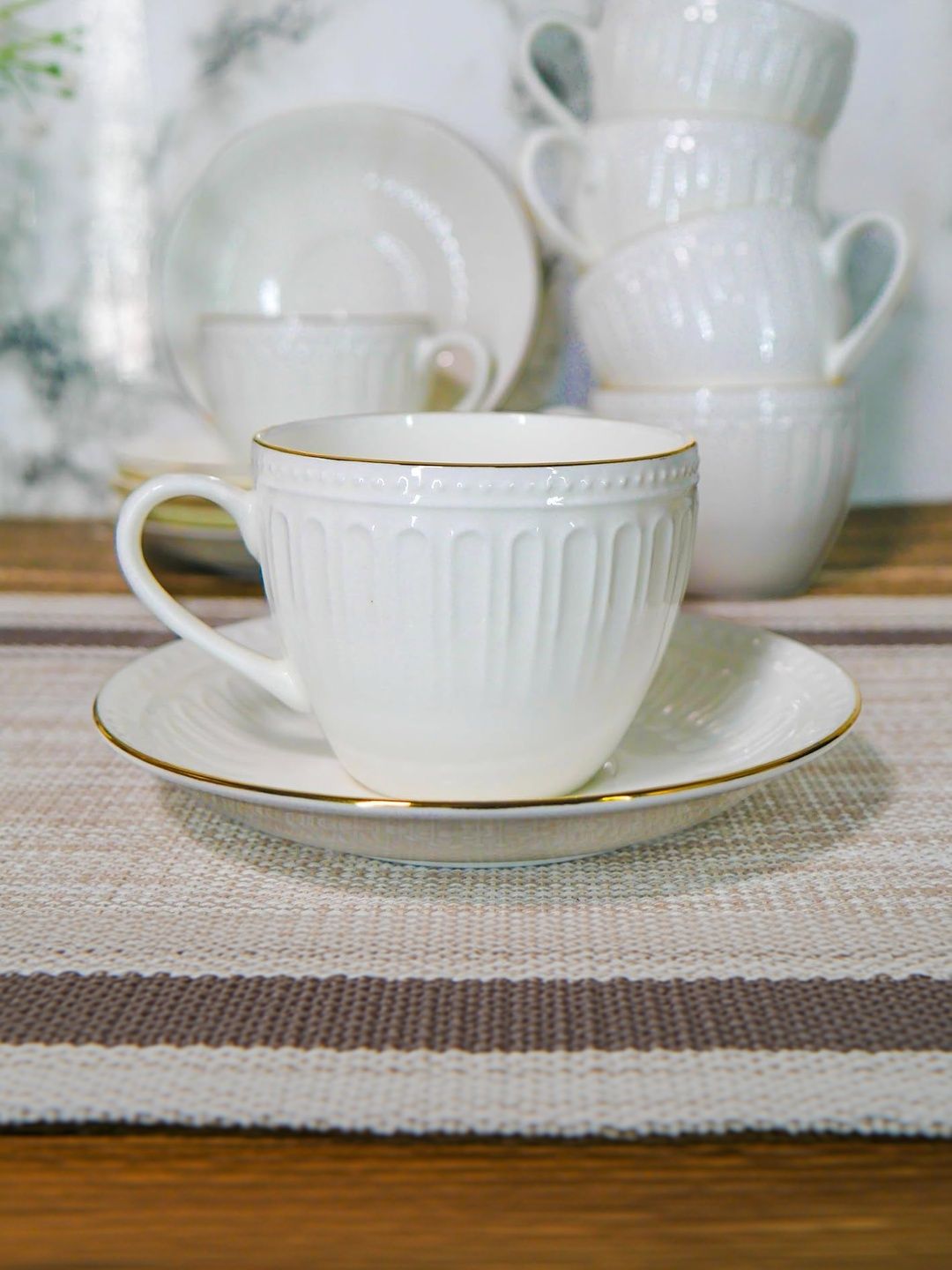 Femora White Set Of 12 Textured Ceramic Glossy Core Set of Cups-picture-29