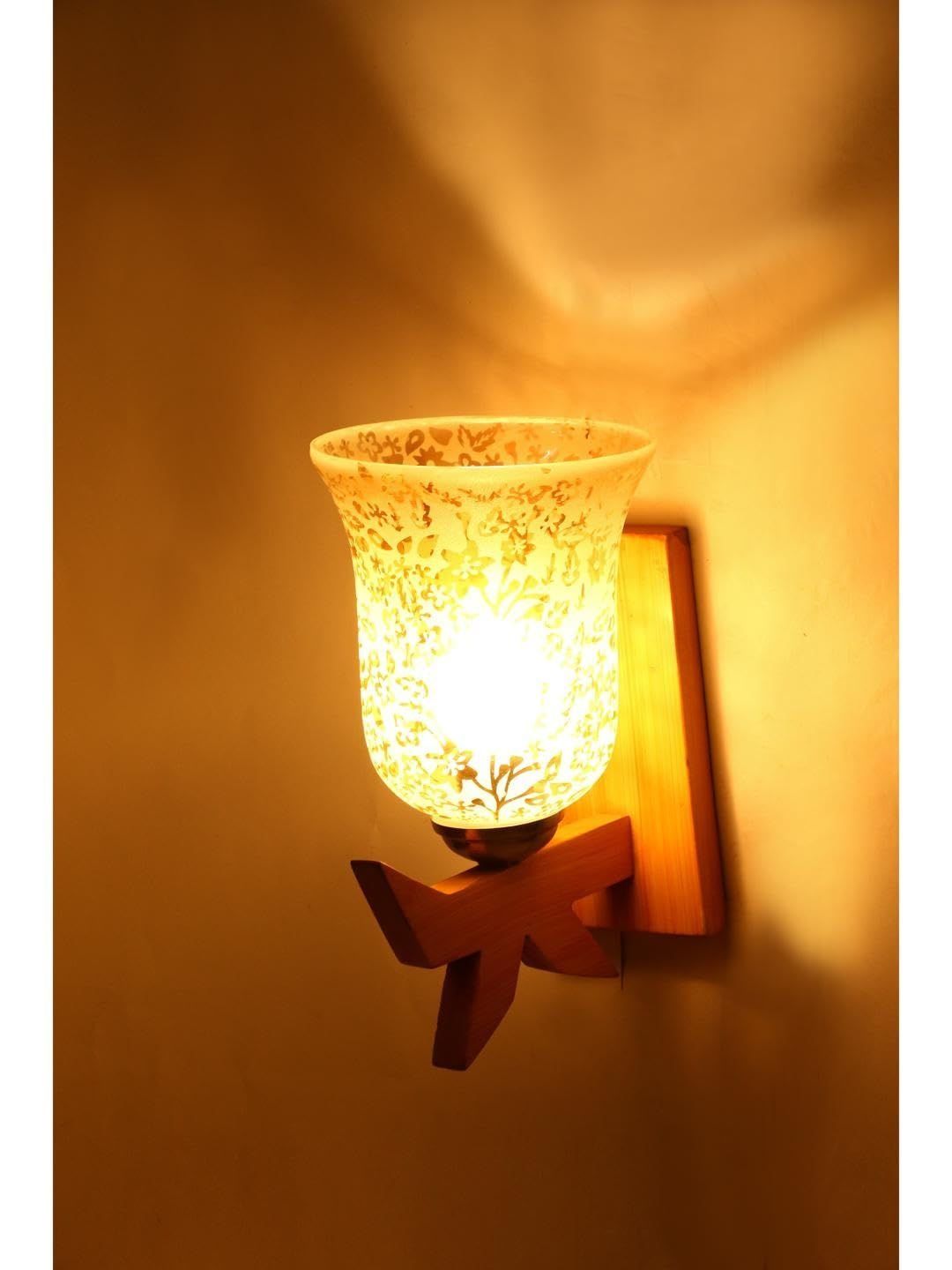 1ST TIME Gold-Toned & Brown Printed Wood Frustum Shaped Wall Lamp-picture-17