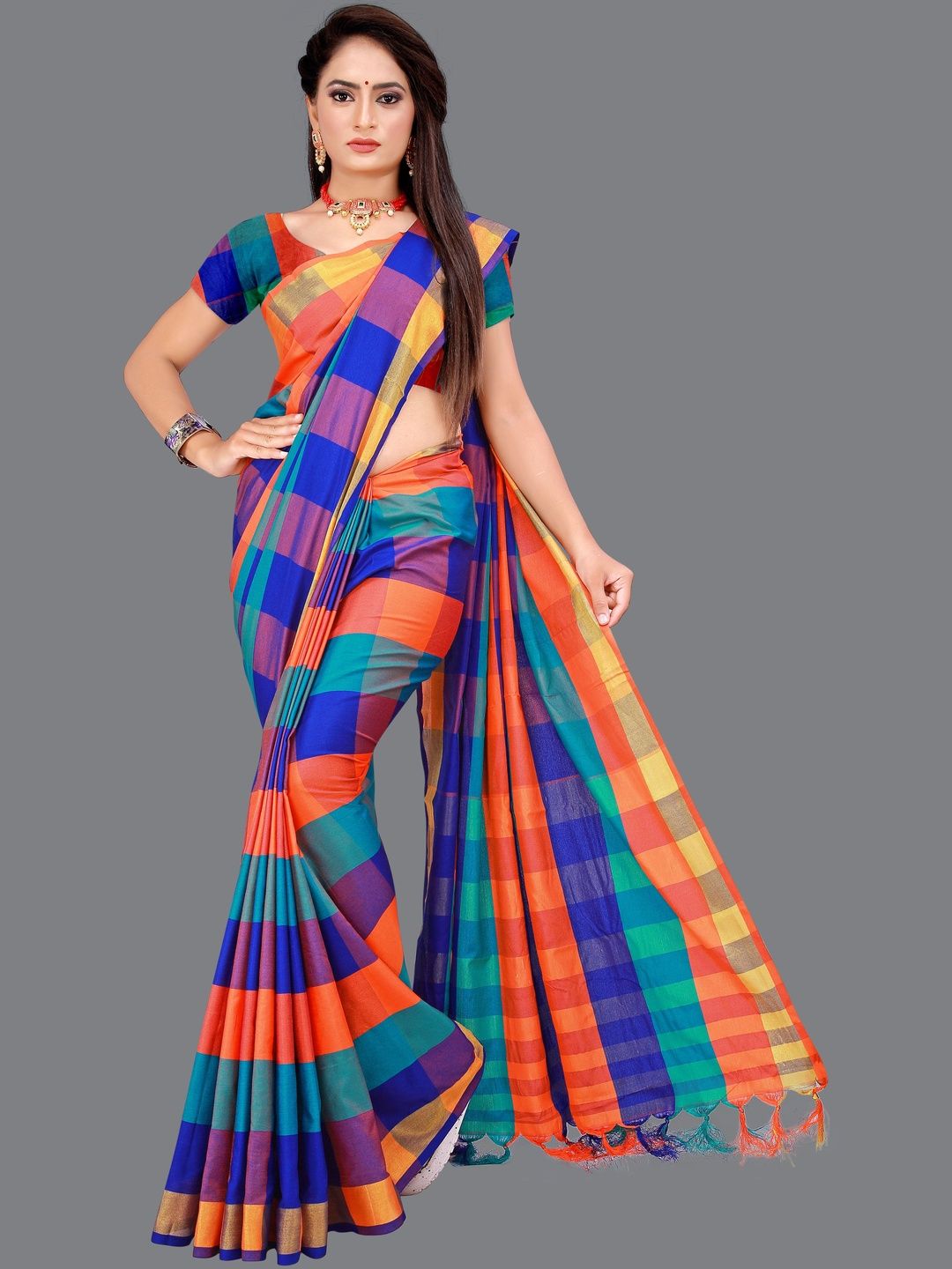 SHAIBO SAREE Checked Silk Cotton Handloom Uppada Saree-picture-31