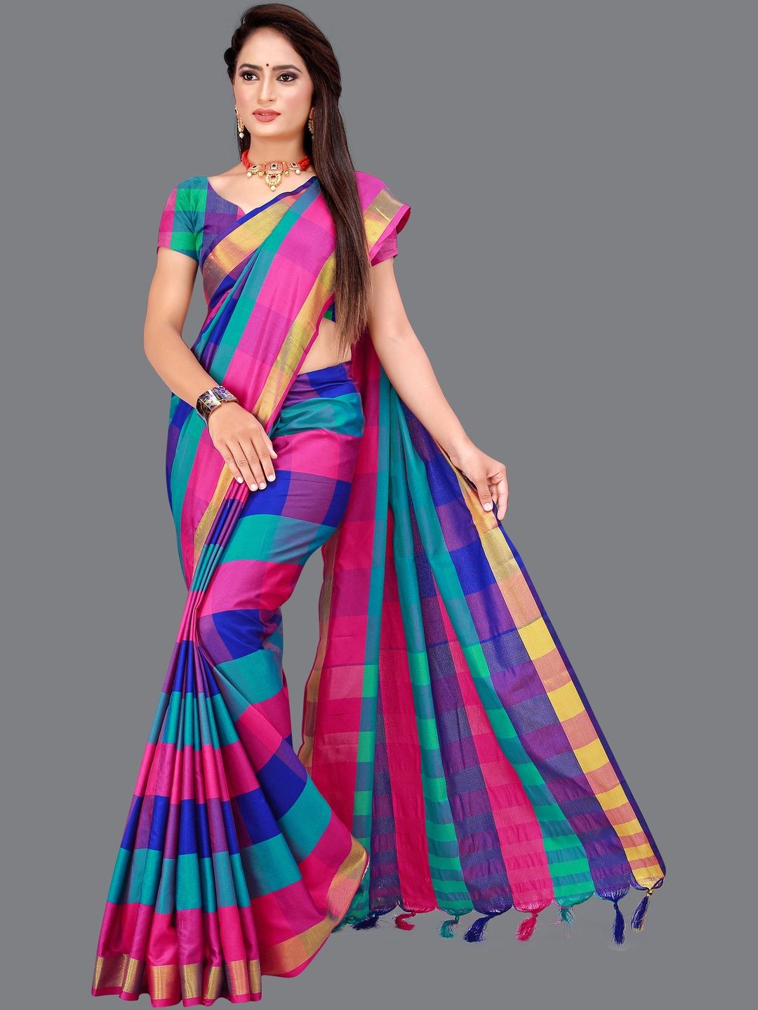 SHAIBO SAREE Checked Silk Cotton Uppada Saree-picture-12