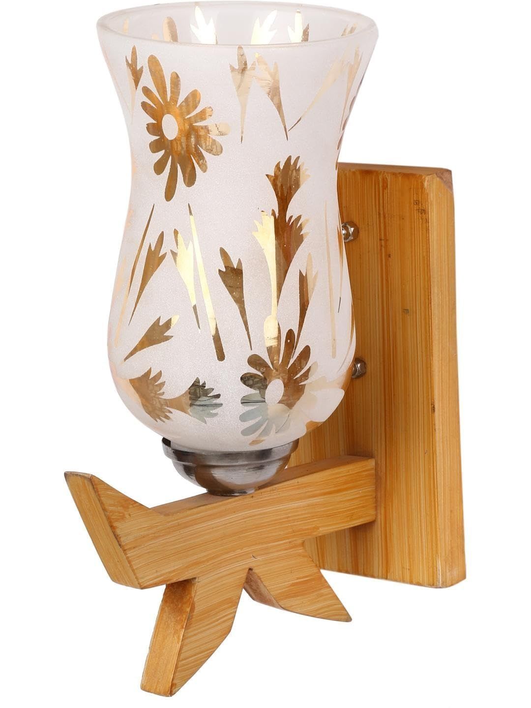 1ST TIME Gold-Toned & Beige Printed Wood Frustum Shaped Wall Lamp-picture-36