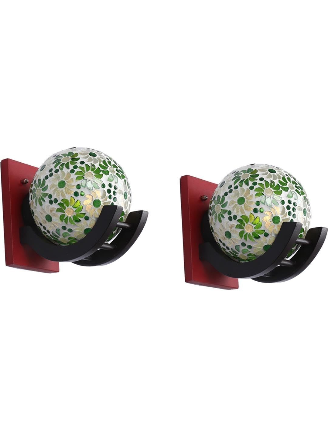 1ST TIME Green & Green Printed Wood Spherical Shaped Wall Lamp-image-38