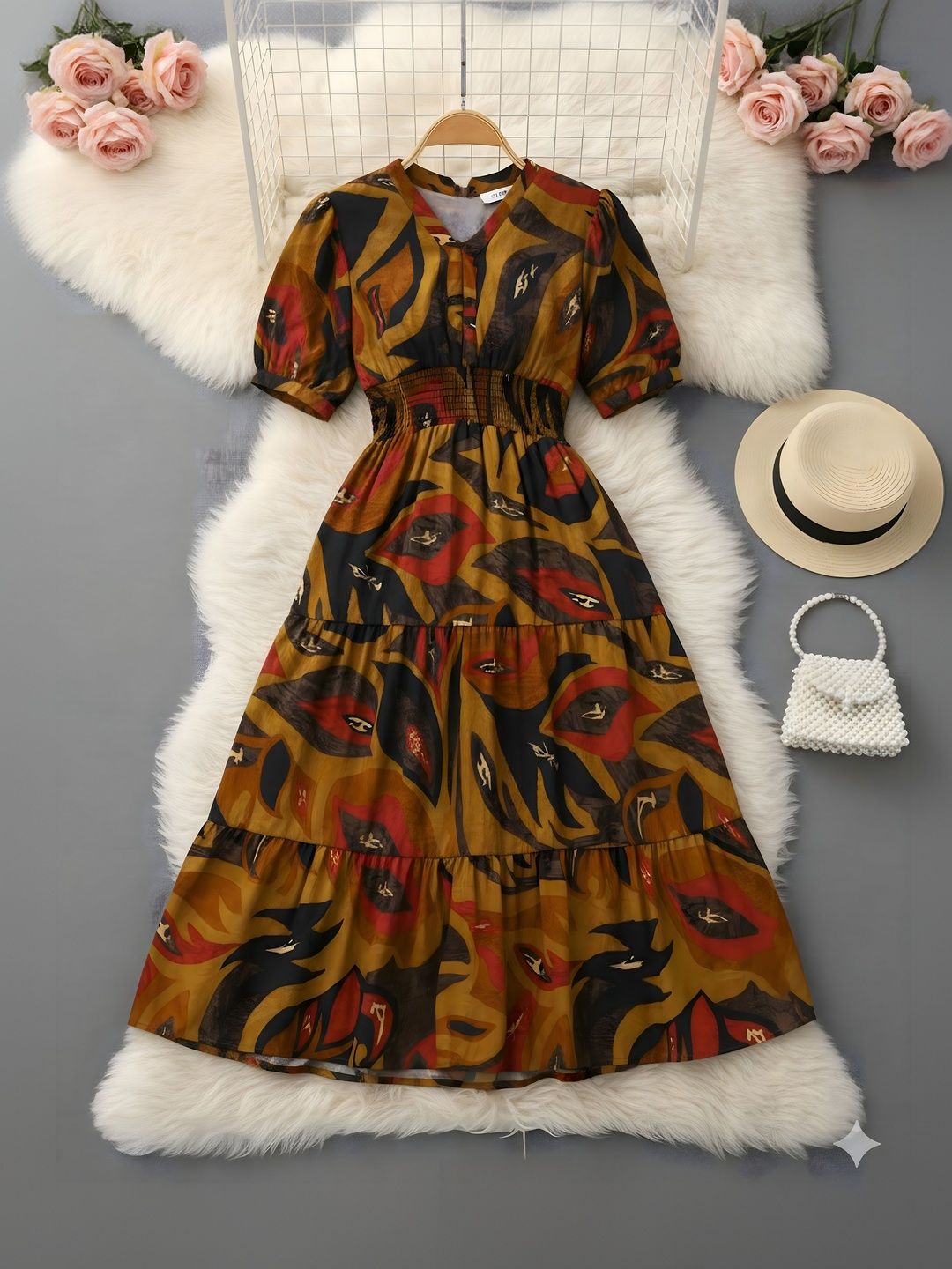 PTVIZE Print Puff Sleeve Crepe A-Line Midi Dress-picture-41