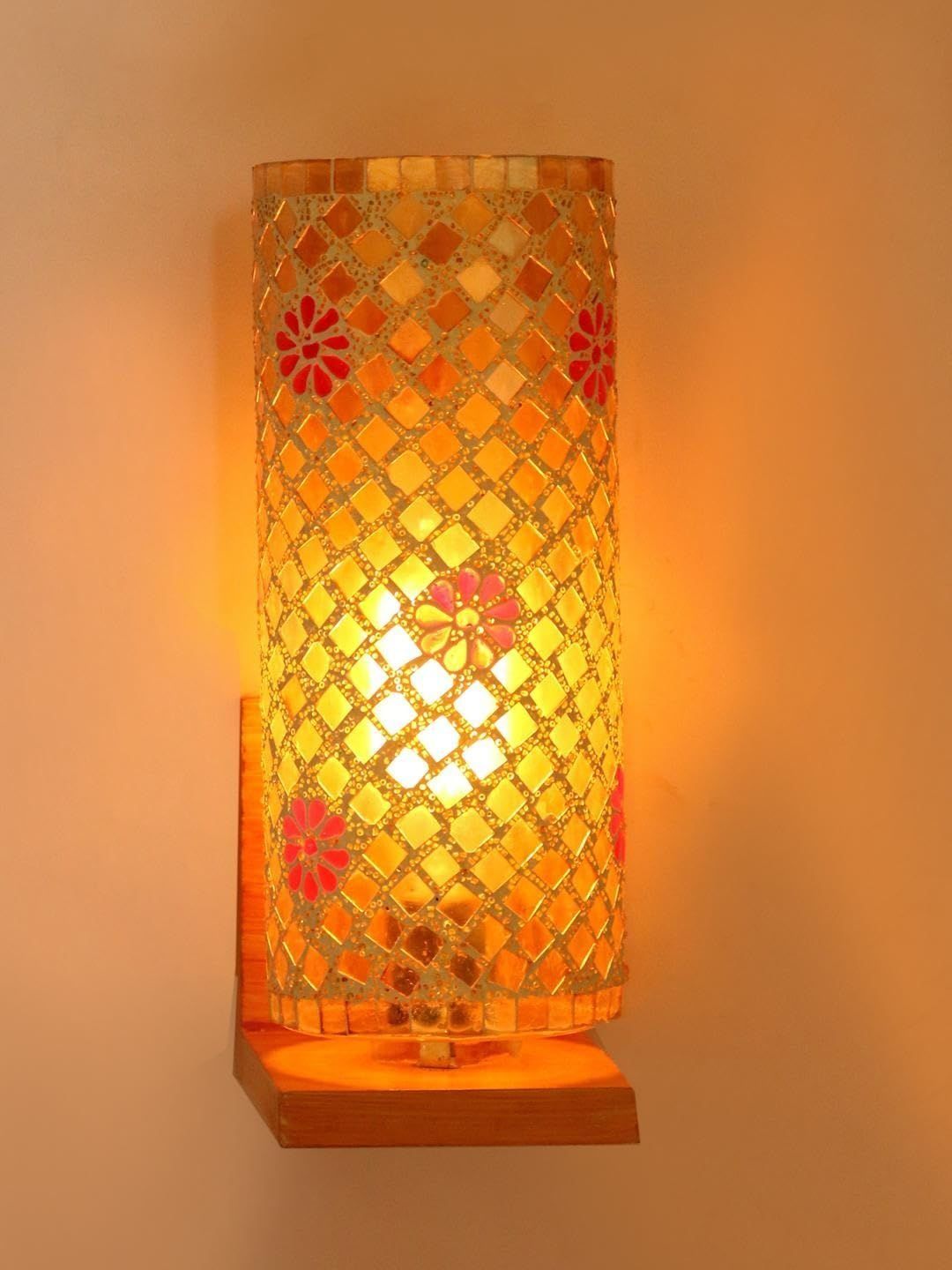 1ST TIME Gold-Toned & Multicoloured Textured Wood Traditional Cylinder Shaped Wall Lamp-picture-42
