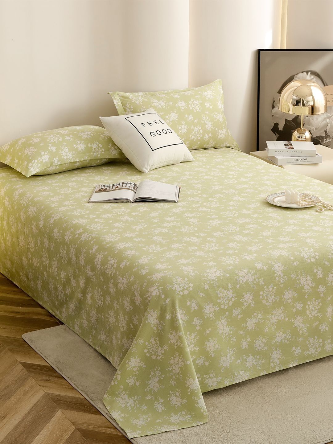 Story@home Green & Off White Floral 300 TC King Bedsheet with 2 Pillow Covers-picture-14