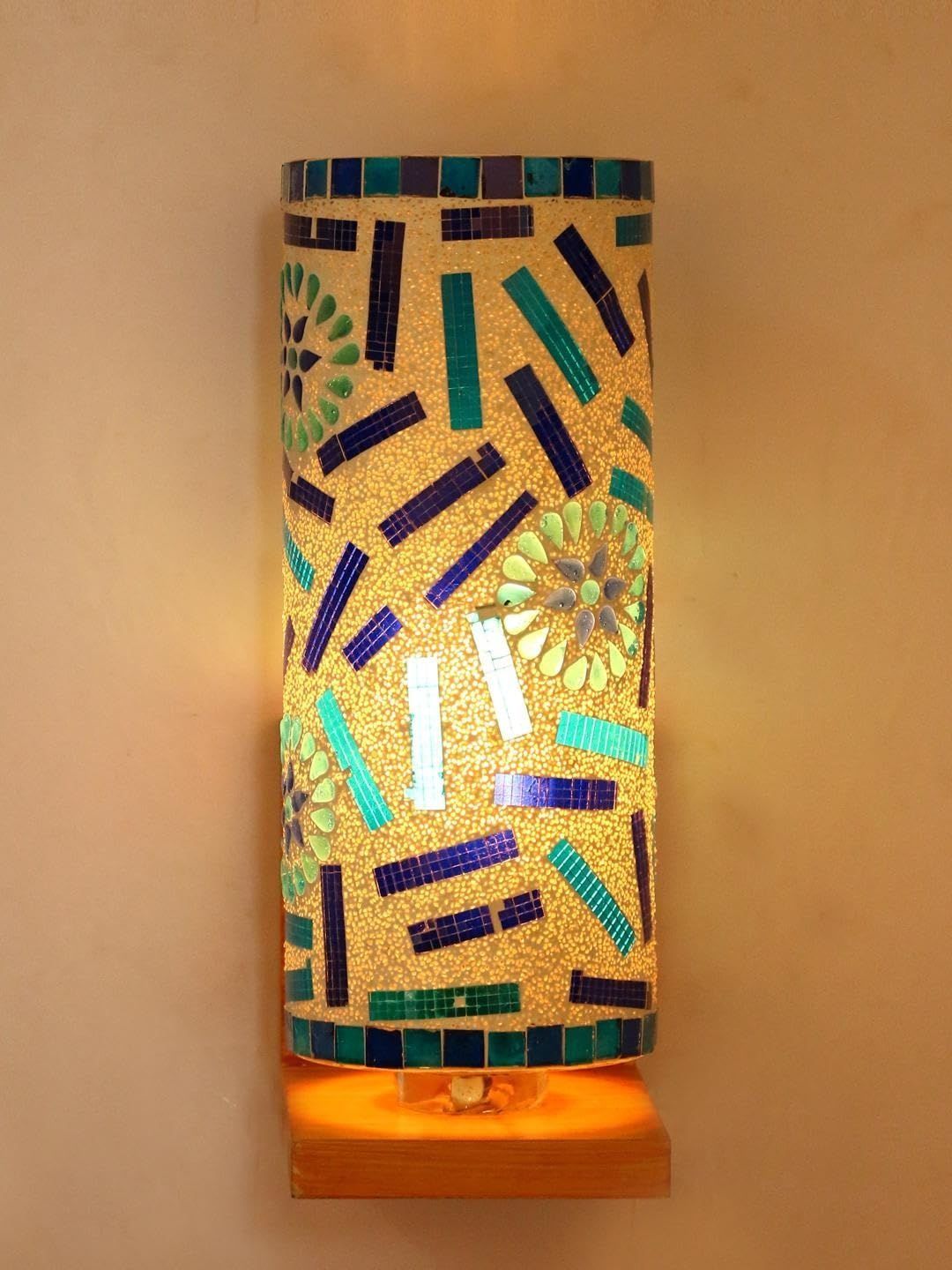 1ST TIME Blue & Multicoloured Textured Wood Traditional Cylinder Shaped Wall Lamp-picture-50