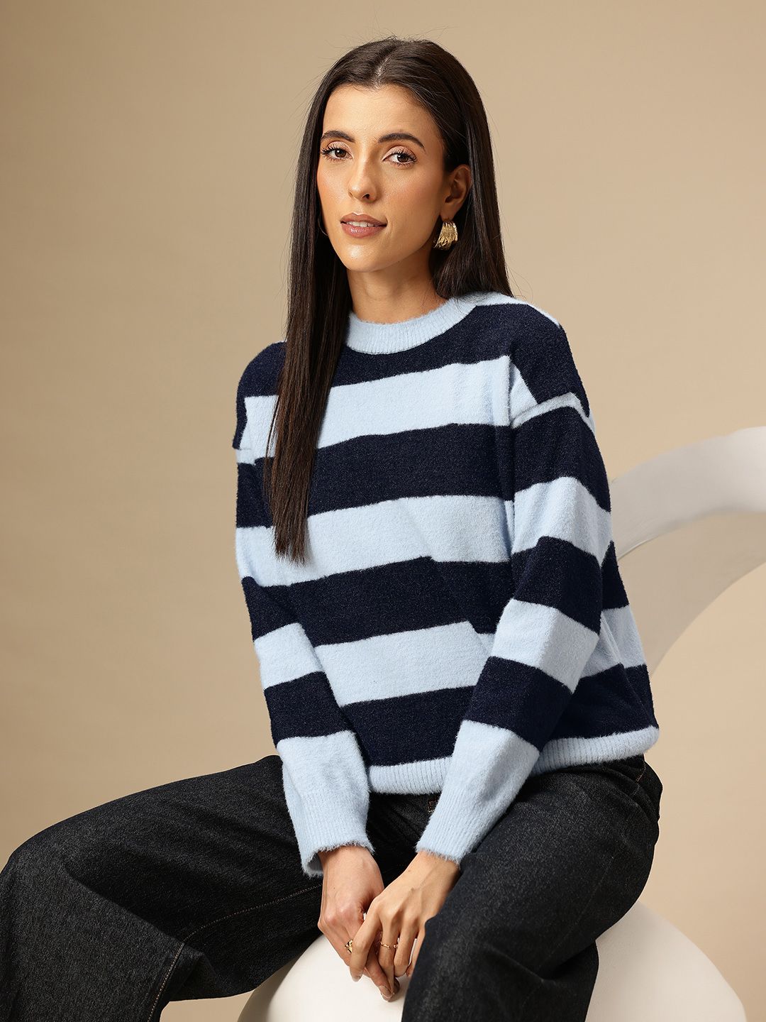 Chemistry Fuzzy Self Striped Round Neck Pullover-picture-12