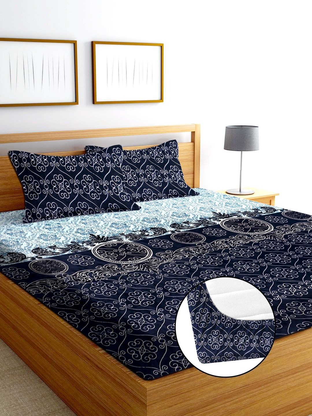 SHOMES Navy Blue & Blue Ethnic Motifs 220 TC King Bedsheet with 2 Pillow Covers-image-24